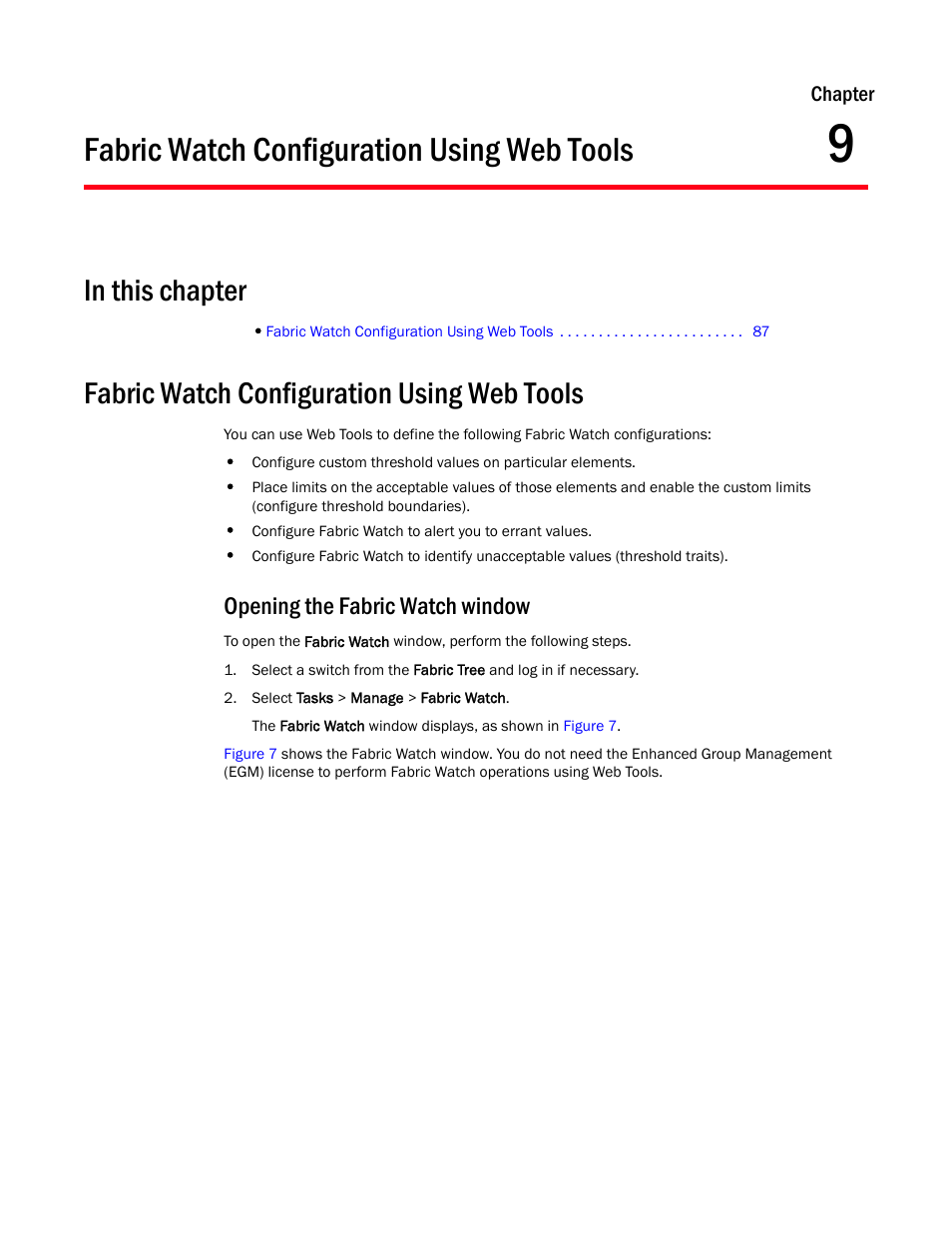 Fabric watch configuration using web tools, In this chapter, Opening the fabric watch window | Chapter 9, Chapter, 9, “fabric watch configuration using web tools | Dell POWEREDGE M1000E User Manual | Page 107 / 126