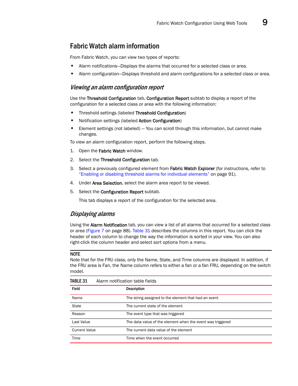 Fabric watch alarm information, Table 31, Viewing an alarm configuration report | Displaying alarms | Dell POWEREDGE M1000E User Manual | Page 113 / 126