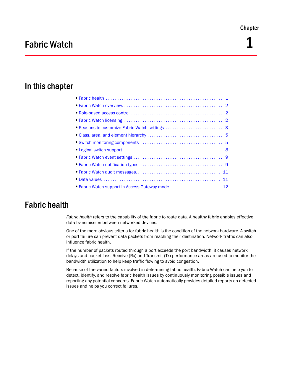 Fabric watch, In this chapter, Fabric health | Chapter 1, Chapter 1, “fabric watch | Dell POWEREDGE M1000E User Manual | Page 21 / 126