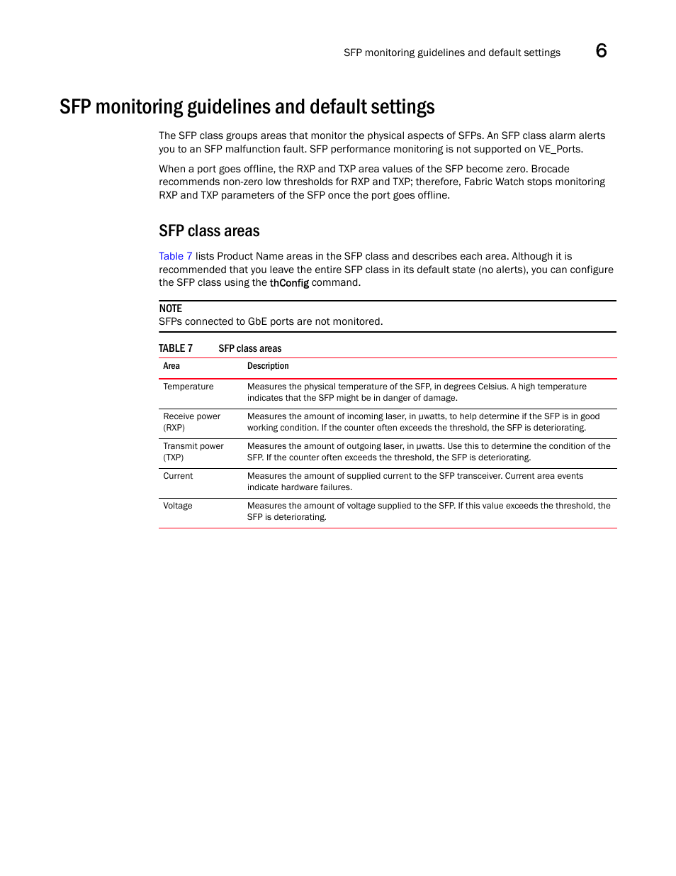 Sfp monitoring guidelines and default settings, Sfp class areas, Table 7 | Sfp monitoring guidelines and default, Settings | Dell POWEREDGE M1000E User Manual | Page 63 / 126