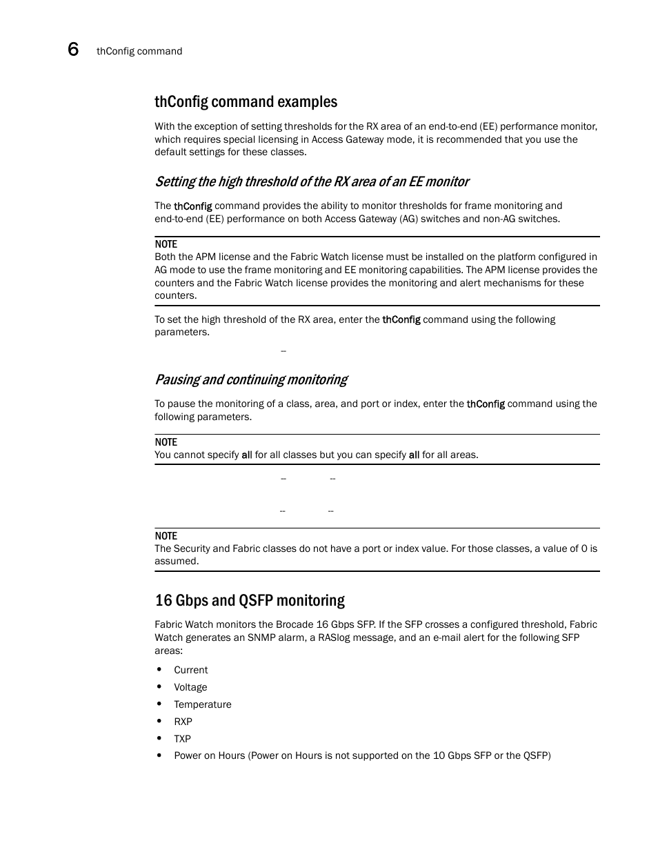 Thconfig command examples, 16 gbps and qsfp monitoring, Gbps and qsfp monitoring | Setting the, High threshold of the rx area of an ee monitor, Pausing and continuing monitoring | Dell POWEREDGE M1000E User Manual | Page 68 / 126