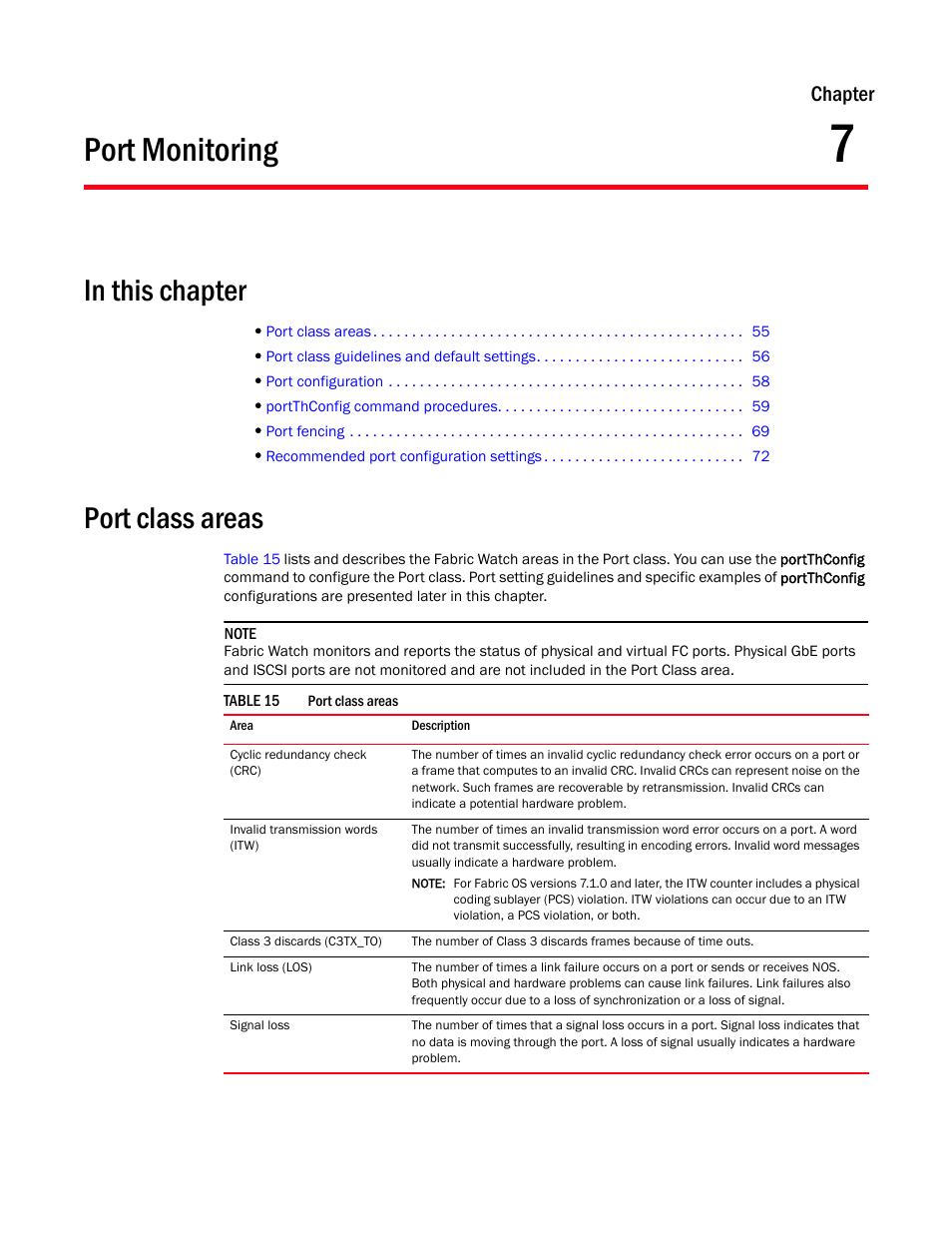 Port monitoring, In this chapter, Port class areas | Chapter 7, Table 15, Chapter 7, “port monitoring, Chapter | Dell POWEREDGE M1000E User Manual | Page 75 / 126