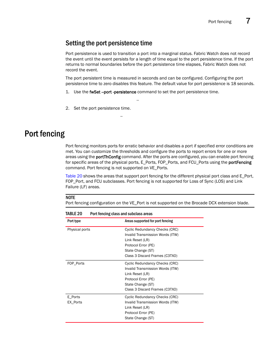 Setting the port persistence time, Port fencing, Table 20 | Dell POWEREDGE M1000E User Manual | Page 89 / 126