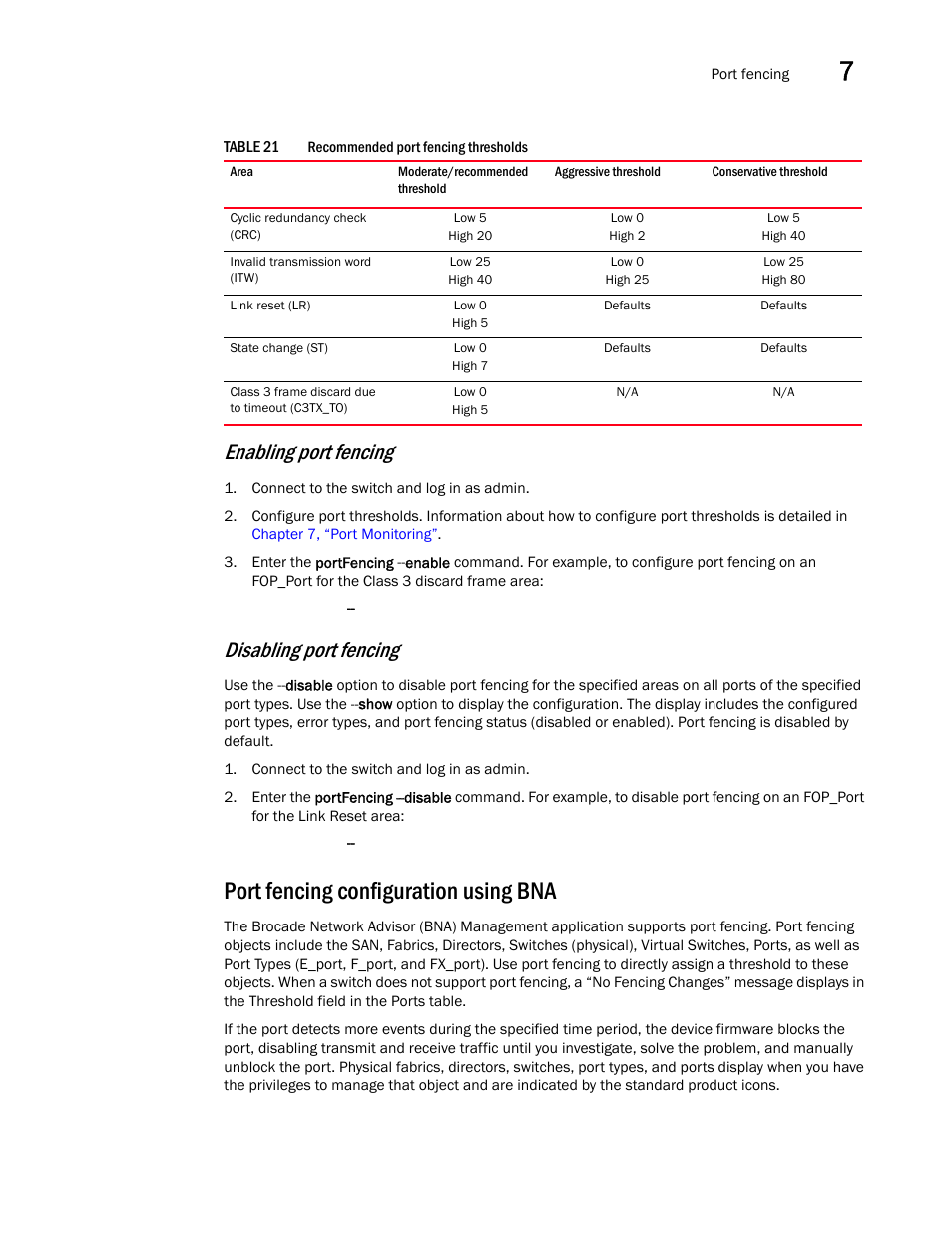 Port fencing configuration using bna, Table 21, Enabling port fencing | Disabling port fencing | Dell POWEREDGE M1000E User Manual | Page 91 / 126