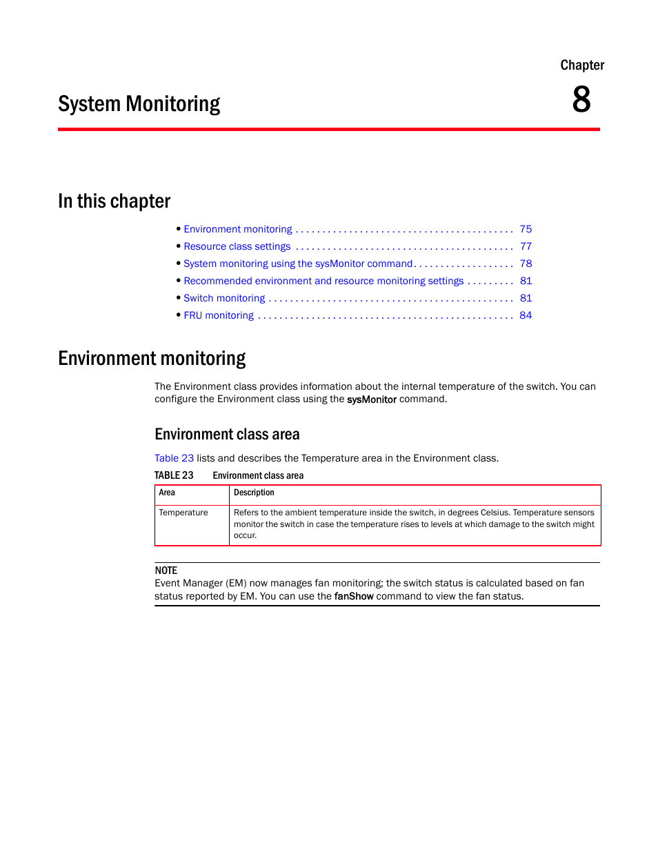 System monitoring, In this chapter, Environment monitoring | Environment class area, Chapter 8, Table 23, Chapter 8, “system monitoring | Dell POWEREDGE M1000E User Manual | Page 95 / 126