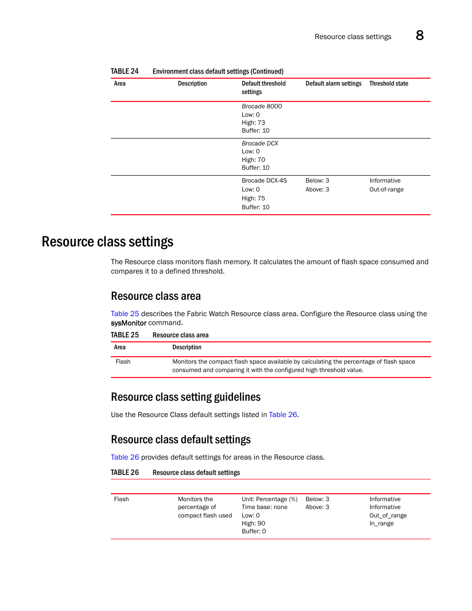 Resource class settings, Resource class area, Resource class setting guidelines | Resource class default settings, Table 25, Table 26 | Dell POWEREDGE M1000E User Manual | Page 97 / 126