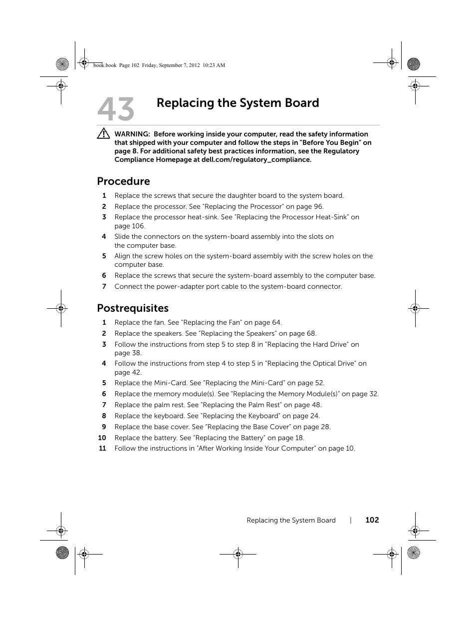 Replacing the system board, Procedure, Postrequisites | Follow the instructions from step 4 to step 7 i | Dell Inspiron M421R (Late 2012) User Manual | Page 103 / 110