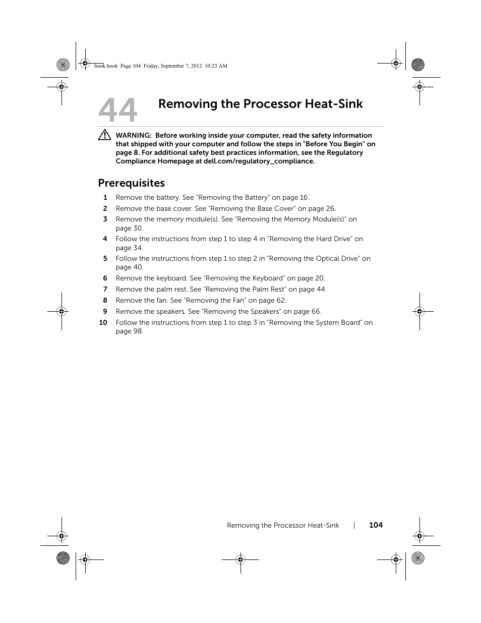 Removing the processor heat-sink, Prerequisites | Dell Inspiron M421R (Late 2012) User Manual | Page 105 / 110
