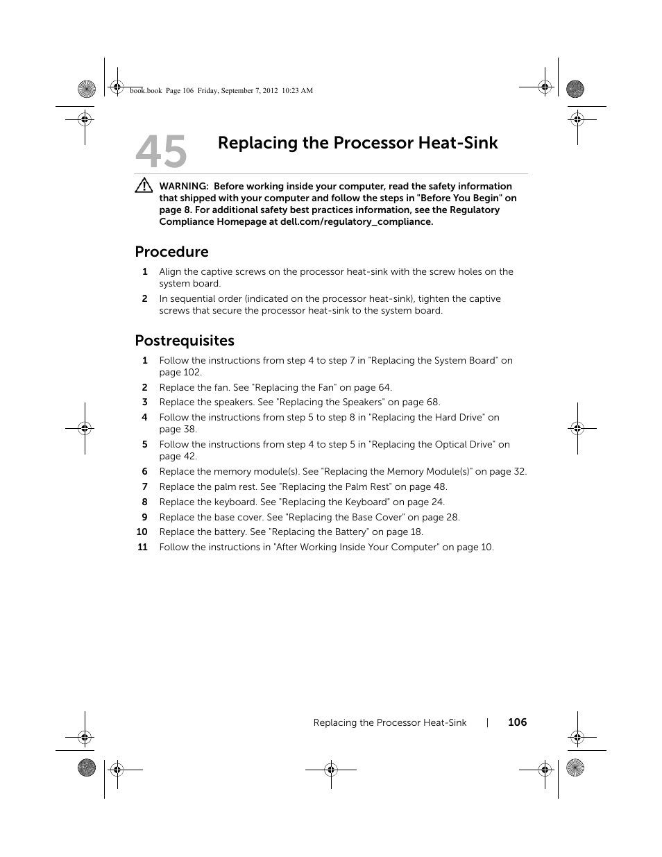 Replacing the processor heat-sink, Procedure, Postrequisites | Dell Inspiron M421R (Late 2012) User Manual | Page 107 / 110