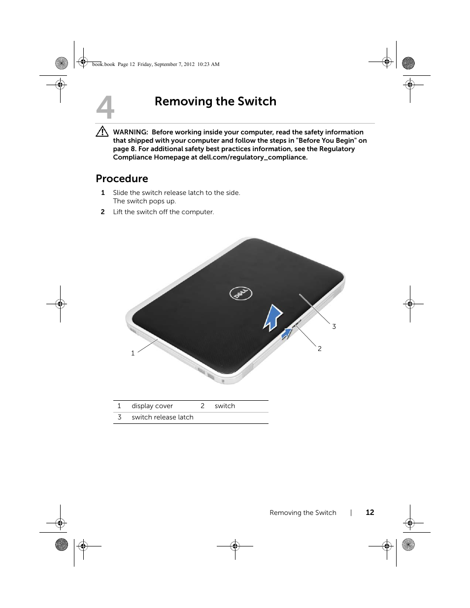 Removing the switch, Procedure | Dell Inspiron M421R (Late 2012) User Manual | Page 13 / 110