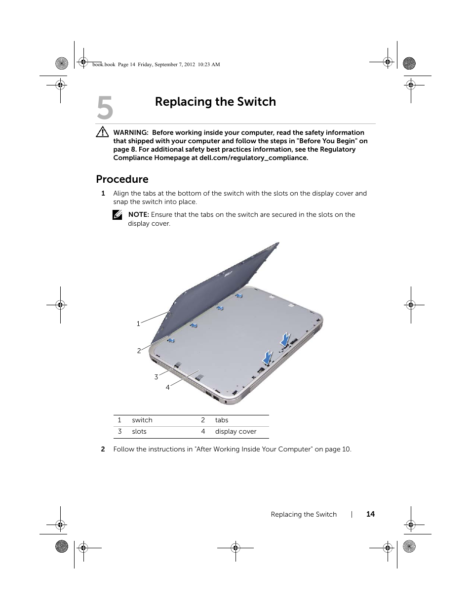 Replacing the switch, Procedure | Dell Inspiron M421R (Late 2012) User Manual | Page 15 / 110