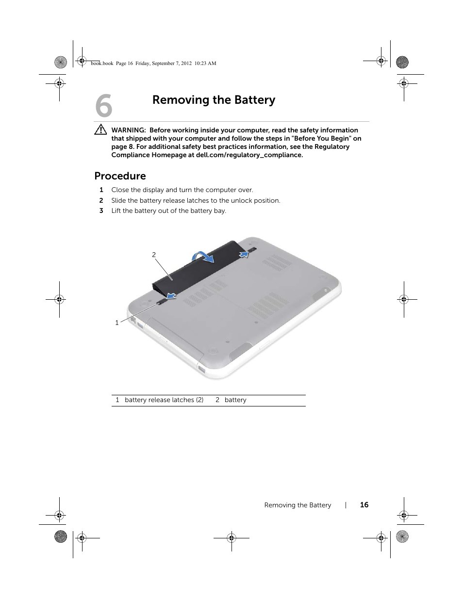 Removing the battery, Procedure | Dell Inspiron M421R (Late 2012) User Manual | Page 17 / 110