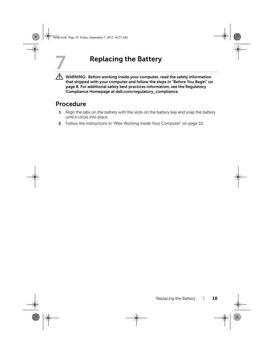 Replacing the battery, Procedure | Dell Inspiron M421R (Late 2012) User Manual | Page 19 / 110