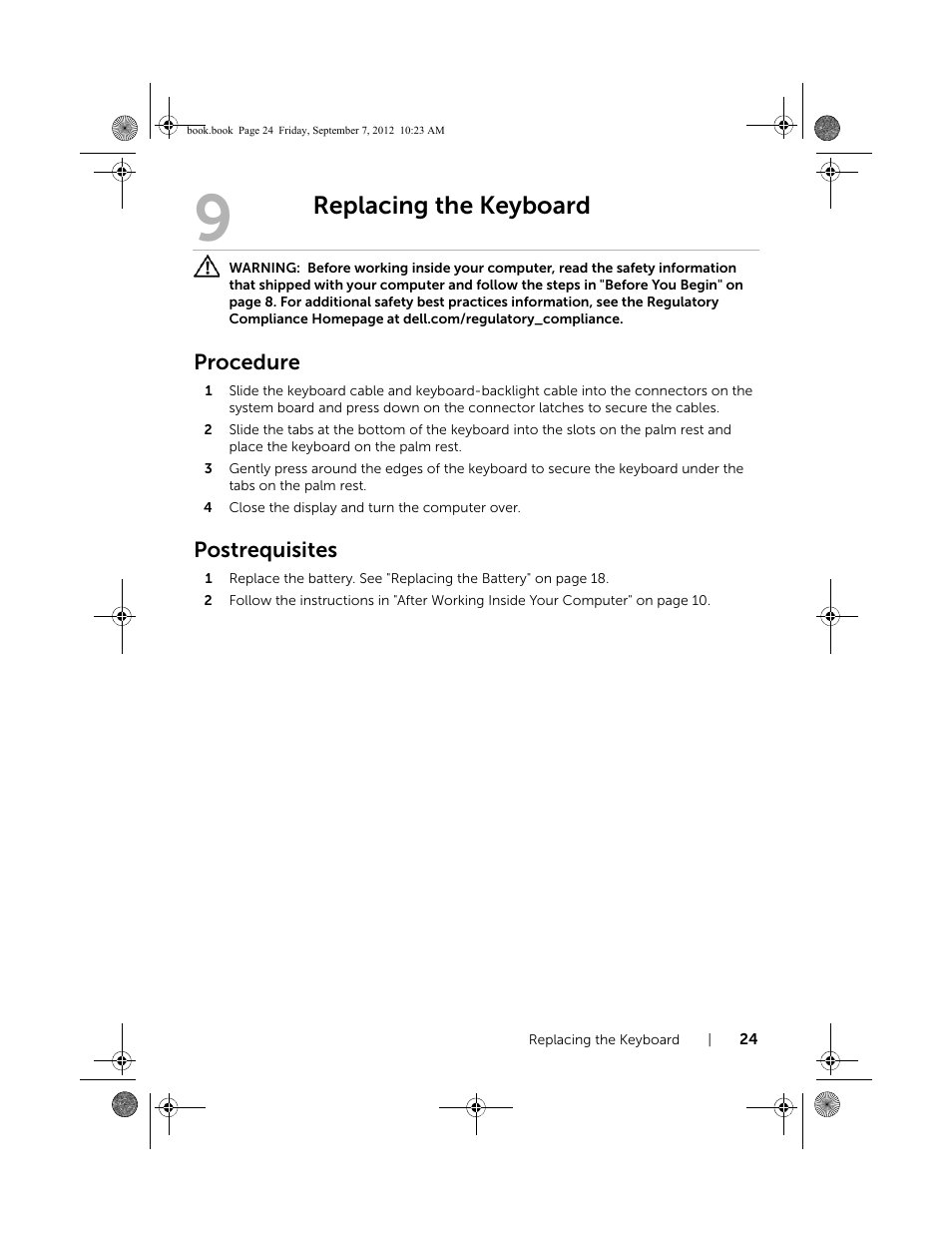 Replacing the keyboard, Procedure, Postrequisites | Dell Inspiron M421R (Late 2012) User Manual | Page 25 / 110