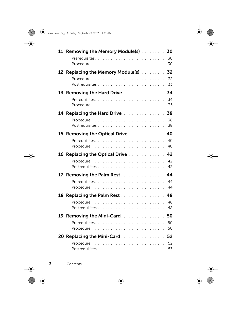 13 removing the hard drive, 14 replacing the hard drive, 15 removing the optical drive | 16 replacing the optical drive, 17 removing the palm rest, 18 replacing the palm rest, 19 removing the mini-card, 20 replacing the mini-card | Dell Inspiron M421R (Late 2012) User Manual | Page 4 / 110