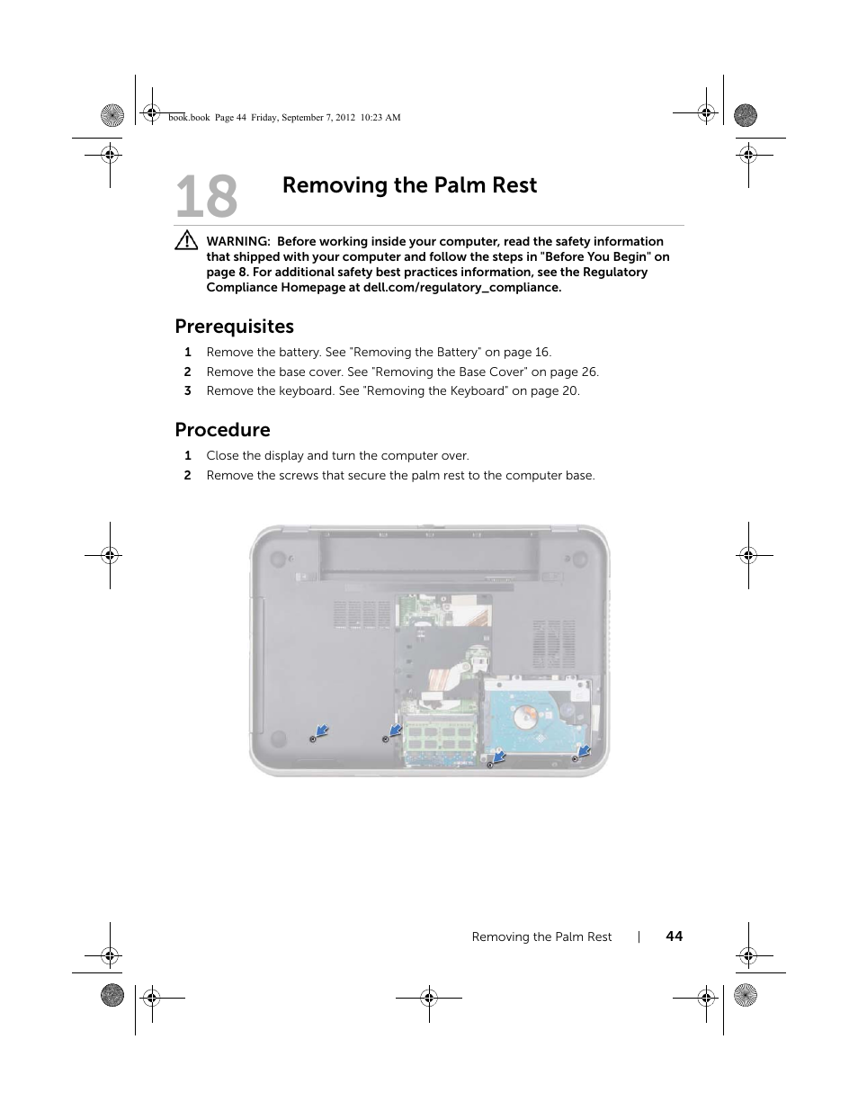 Removing the palm rest, Prerequisites, Procedure | Dell Inspiron M421R (Late 2012) User Manual | Page 45 / 110