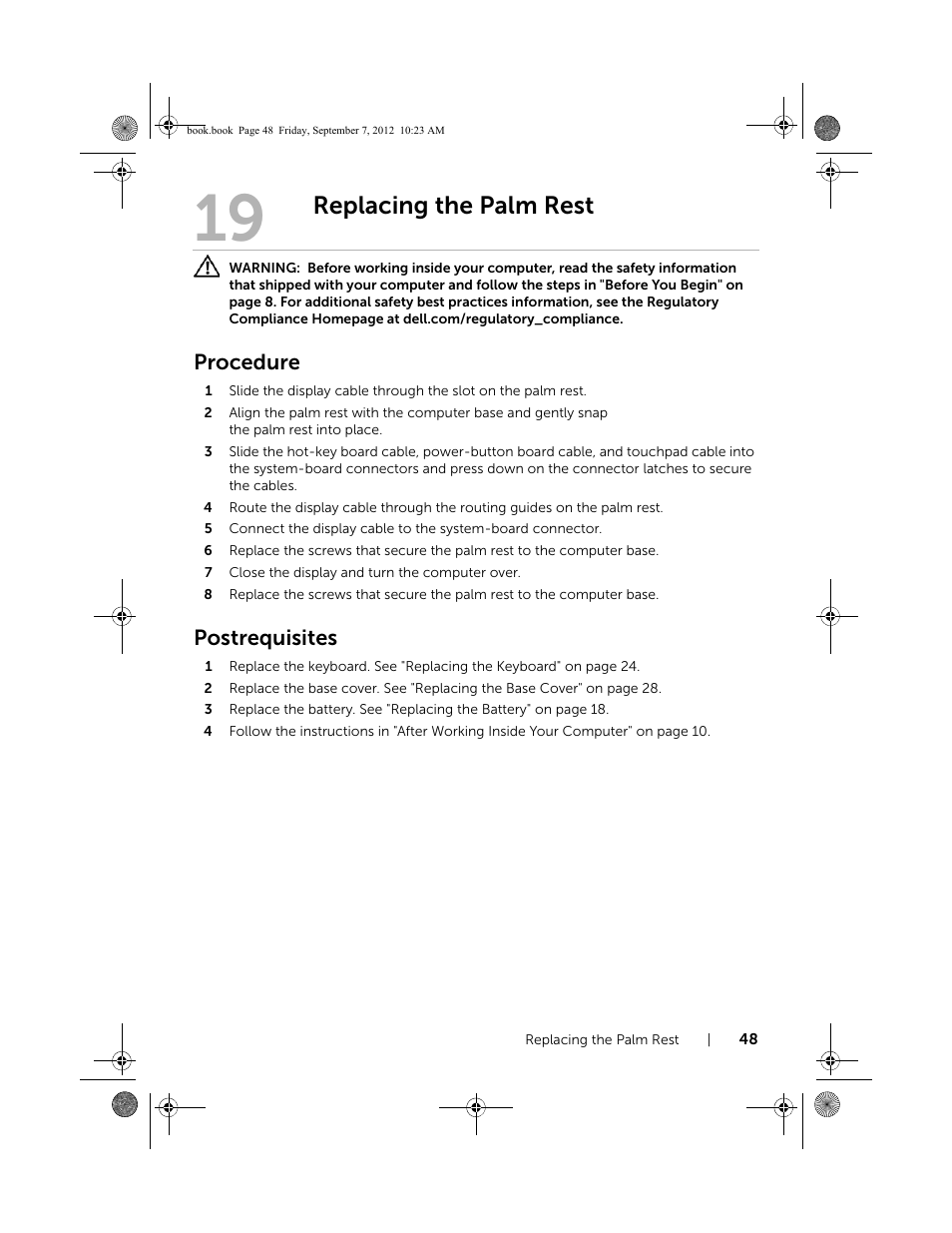 Replacing the palm rest, Procedure, Postrequisites | Dell Inspiron M421R (Late 2012) User Manual | Page 49 / 110