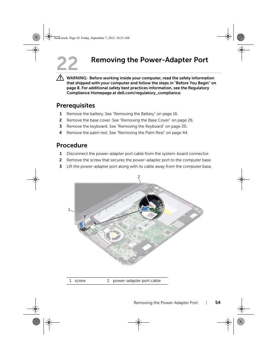 Removing the power-adapter port, Prerequisites, Procedure | Dell Inspiron M421R (Late 2012) User Manual | Page 55 / 110