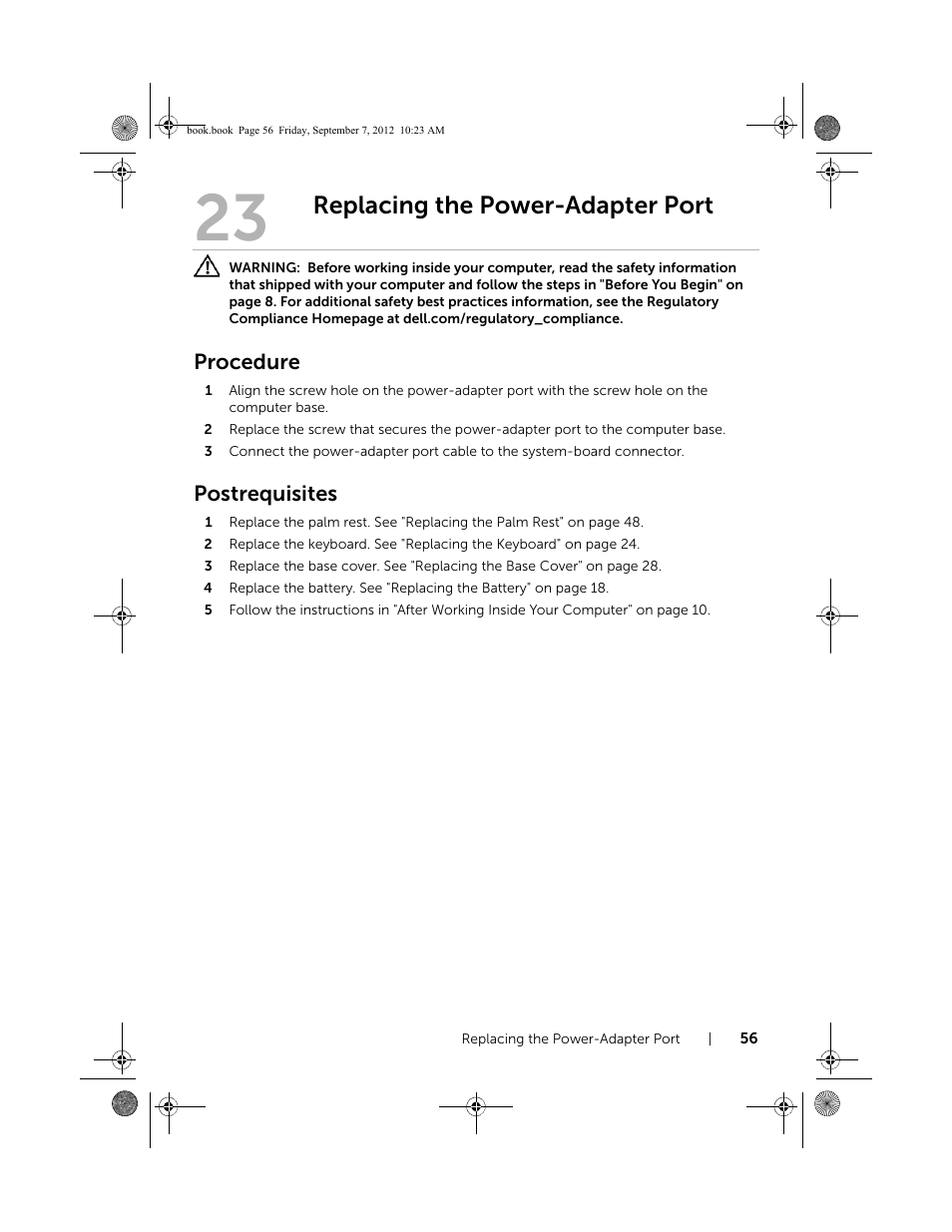 Replacing the power-adapter port, Procedure, Postrequisites | Dell Inspiron M421R (Late 2012) User Manual | Page 57 / 110