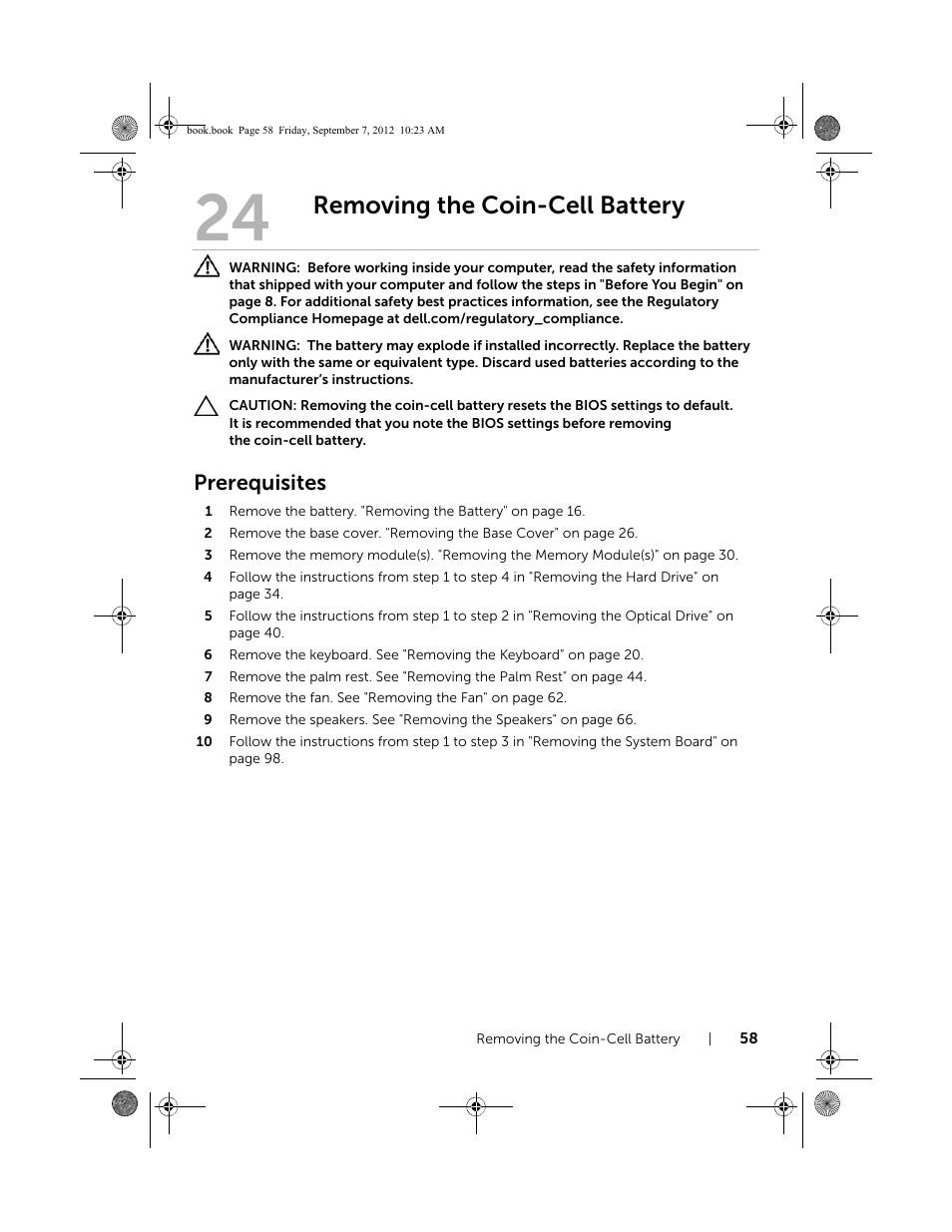 Removing the coin-cell battery, Prerequisites | Dell Inspiron M421R (Late 2012) User Manual | Page 59 / 110