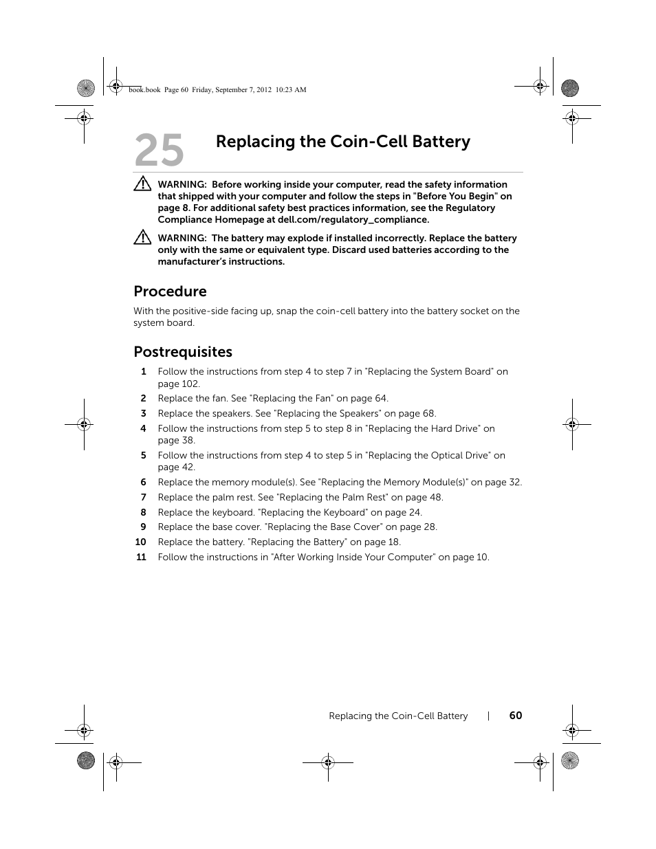 Replacing the coin-cell battery, Procedure, Postrequisites | Dell Inspiron M421R (Late 2012) User Manual | Page 61 / 110