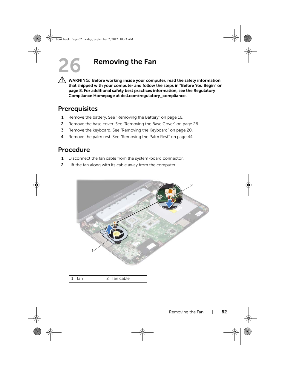 Removing the fan, Prerequisites, Procedure | Dell Inspiron M421R (Late 2012) User Manual | Page 63 / 110