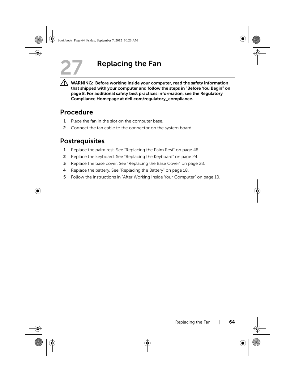 Replacing the fan, Procedure, Postrequisites | Dell Inspiron M421R (Late 2012) User Manual | Page 65 / 110