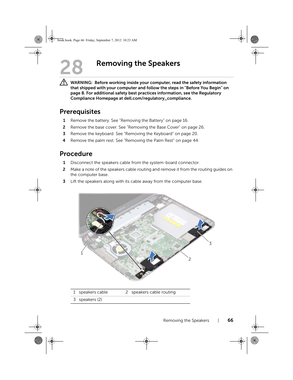 Removing the speakers, Prerequisites, Procedure | Dell Inspiron M421R (Late 2012) User Manual | Page 67 / 110