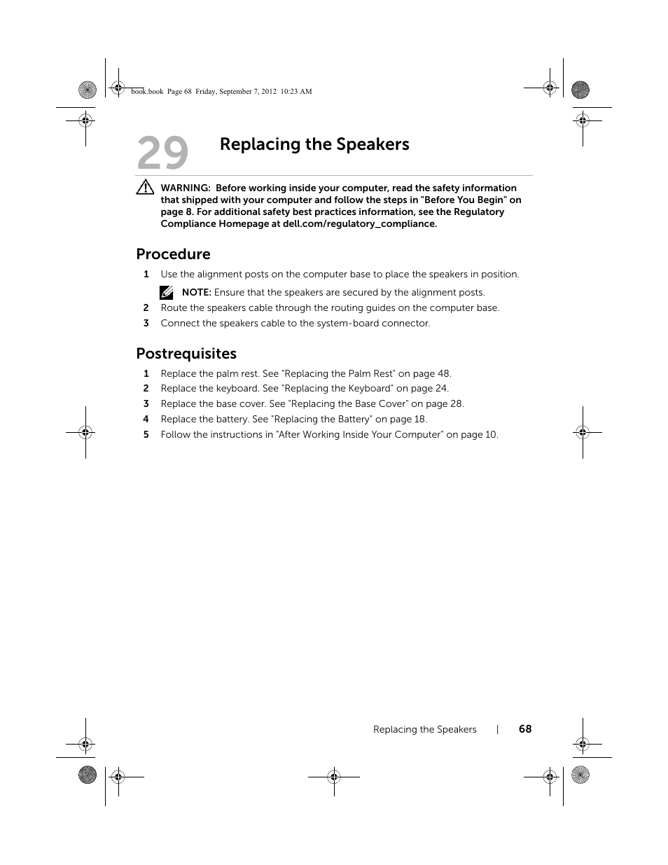 Replacing the speakers, Procedure, Postrequisites | Dell Inspiron M421R (Late 2012) User Manual | Page 69 / 110