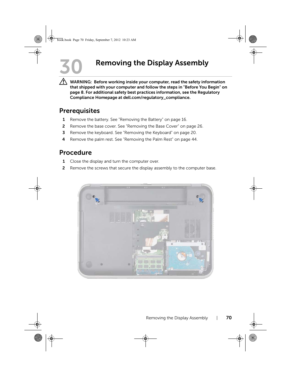 Removing the display assembly, Prerequisites, Procedure | Dell Inspiron M421R (Late 2012) User Manual | Page 71 / 110