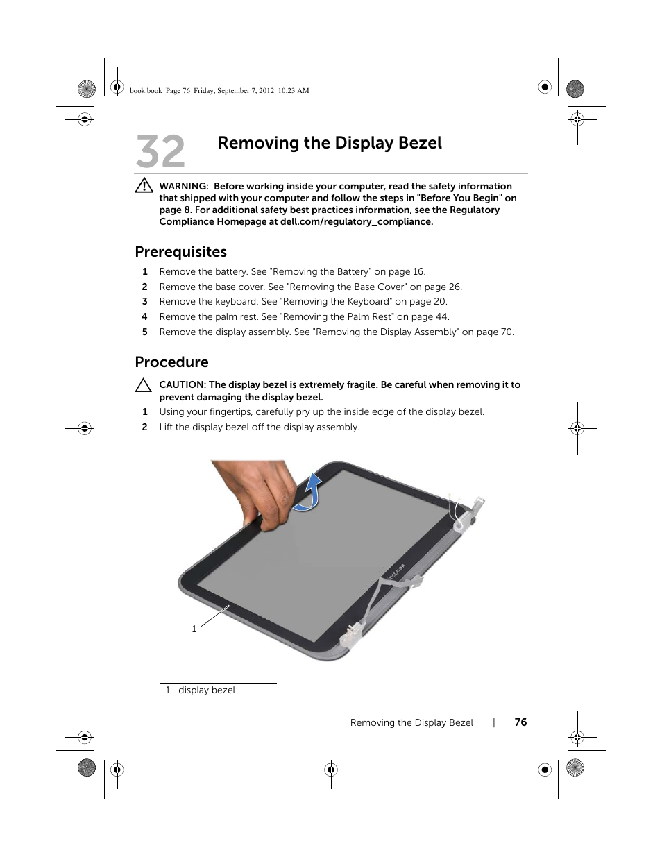 Removing the display bezel, Prerequisites, Procedure | Dell Inspiron M421R (Late 2012) User Manual | Page 77 / 110