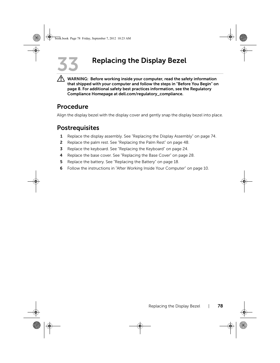 Replacing the display bezel, Procedure, Postrequisites | Dell Inspiron M421R (Late 2012) User Manual | Page 79 / 110