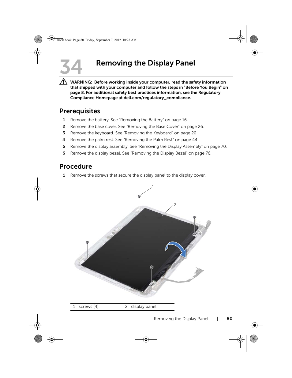 Removing the display panel, Prerequisites, Procedure | Dell Inspiron M421R (Late 2012) User Manual | Page 81 / 110