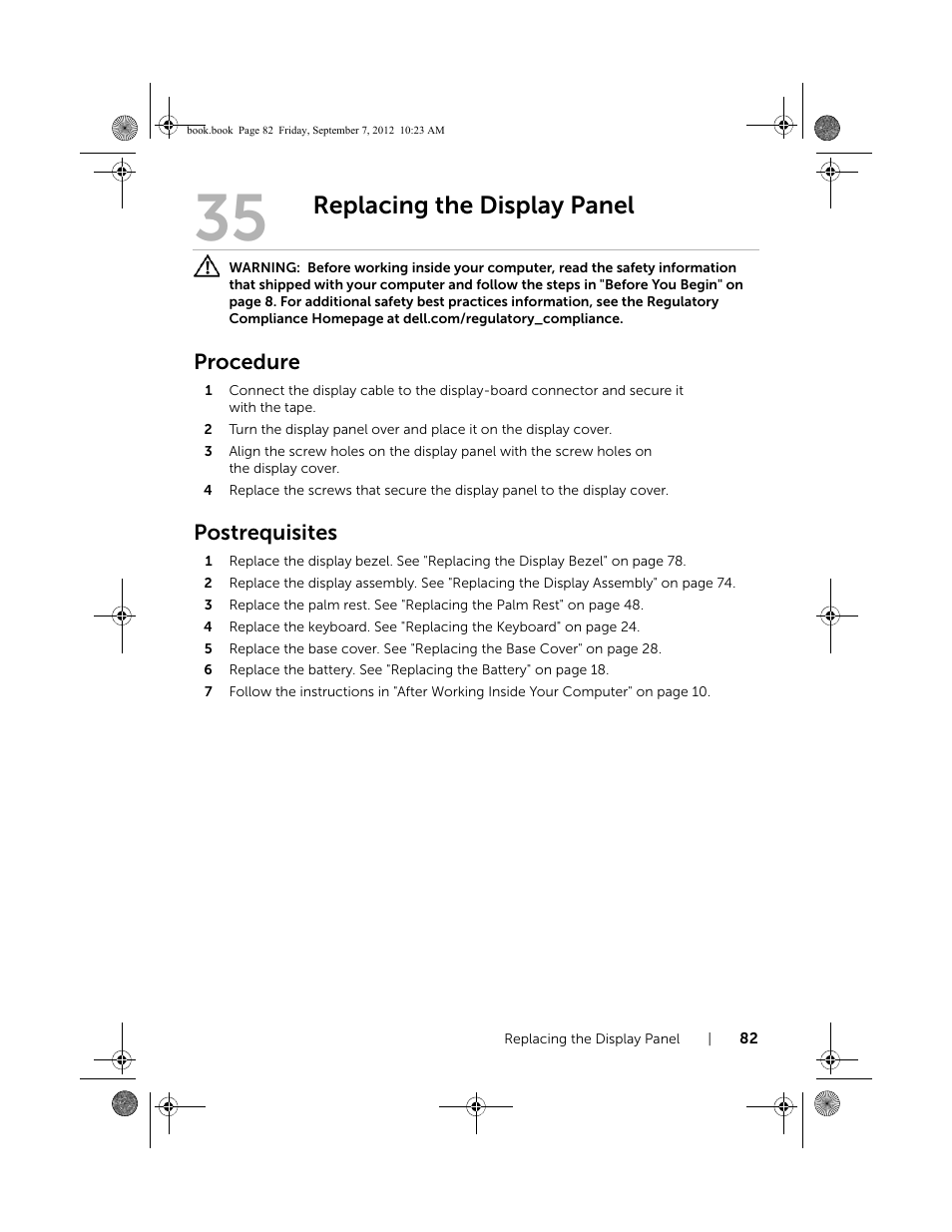 Replacing the display panel, Procedure, Postrequisites | Dell Inspiron M421R (Late 2012) User Manual | Page 83 / 110