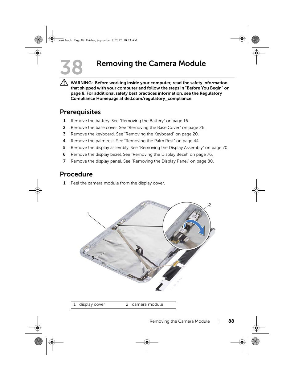 Removing the camera module, Prerequisites, Procedure | Dell Inspiron M421R (Late 2012) User Manual | Page 89 / 110