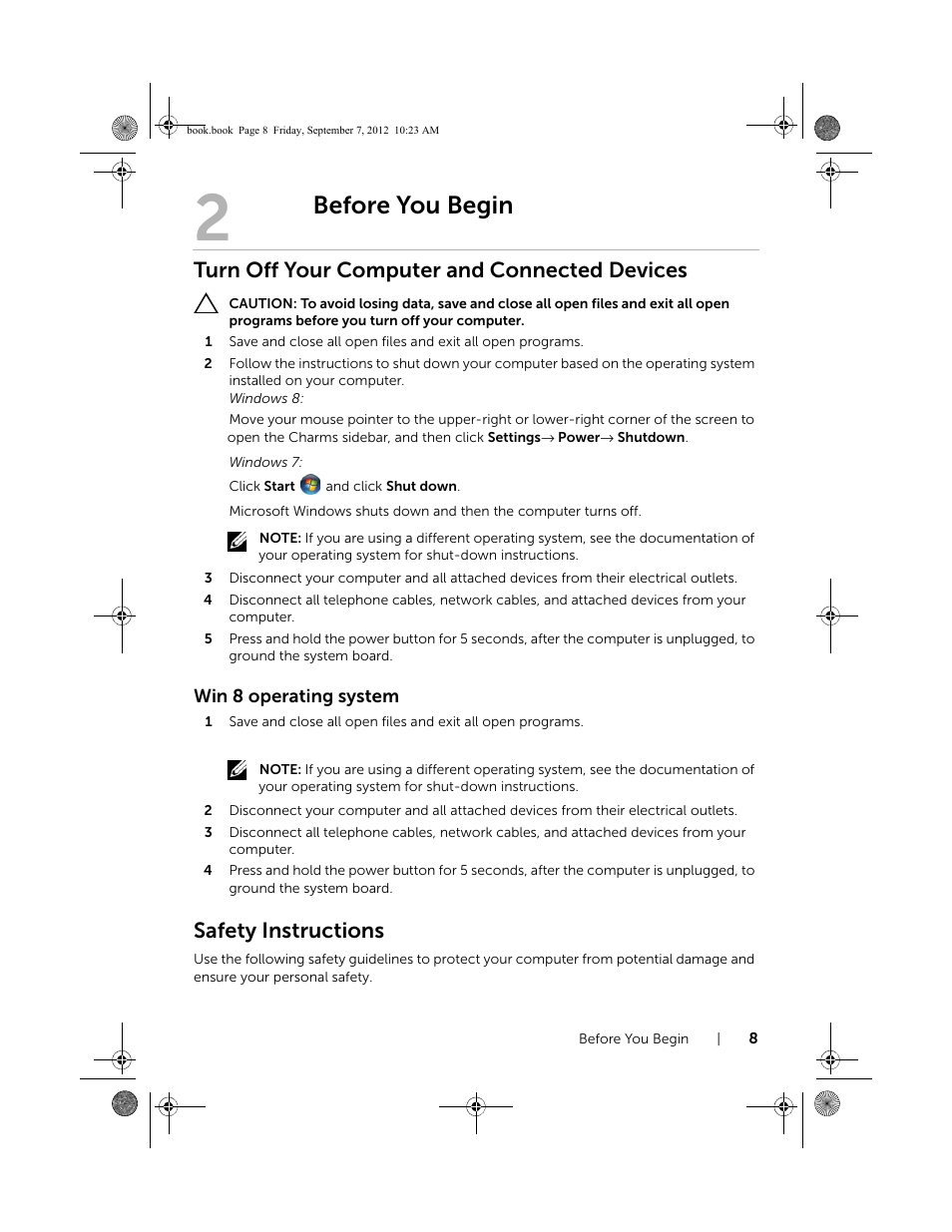 Before you begin, Turn off your computer and connected devices, Safety instructions | Dell Inspiron M421R (Late 2012) User Manual | Page 9 / 110
