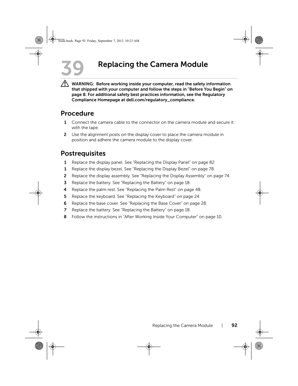 Replacing the camera module, Procedure, Postrequisites | Dell Inspiron M421R (Late 2012) User Manual | Page 93 / 110