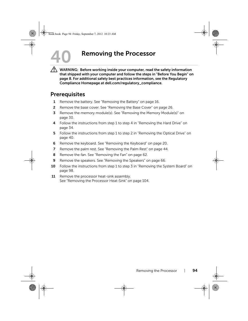 Removing the processor, Prerequisites | Dell Inspiron M421R (Late 2012) User Manual | Page 95 / 110