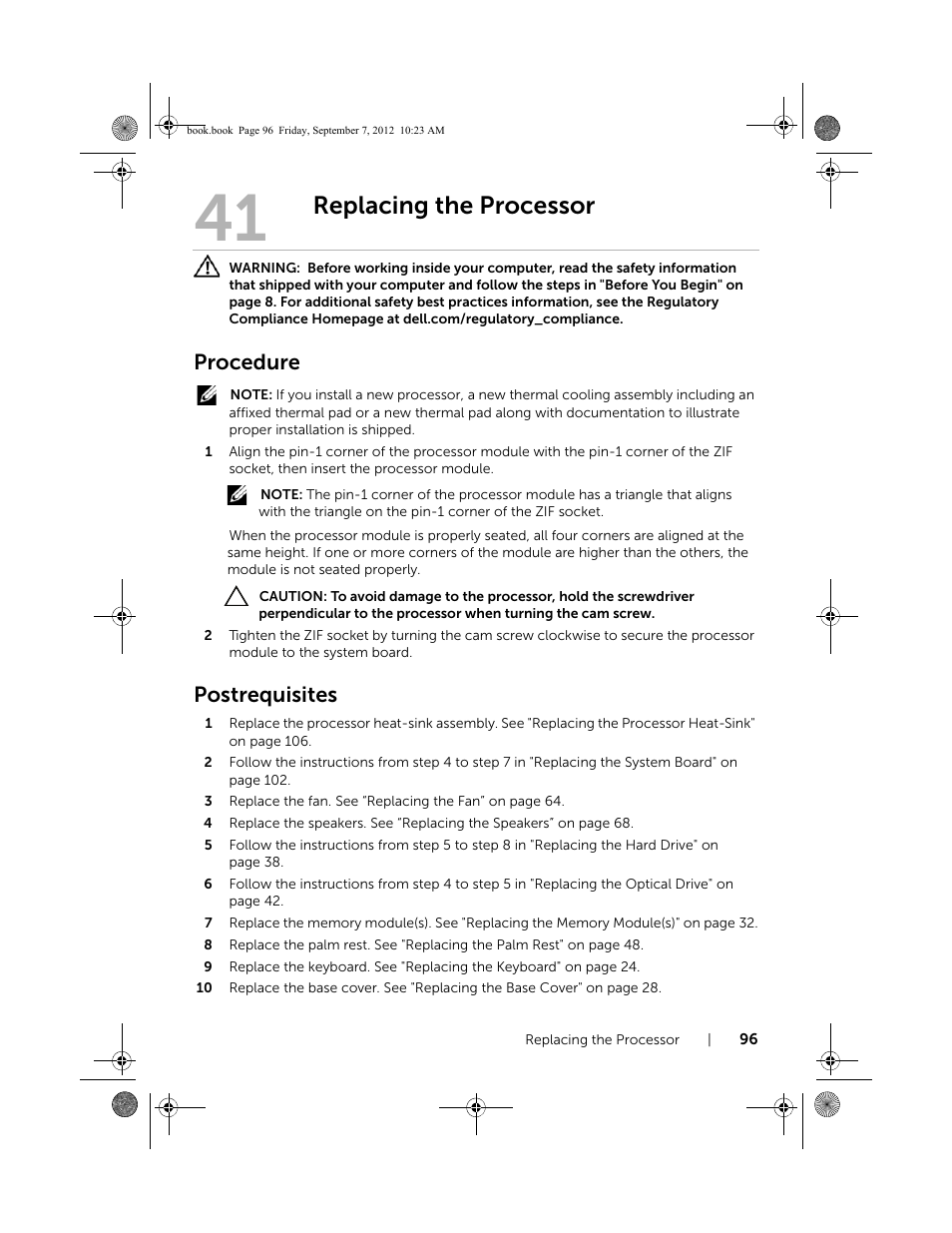 Replacing the processor, Procedure, Postrequisites | Dell Inspiron M421R (Late 2012) User Manual | Page 97 / 110
