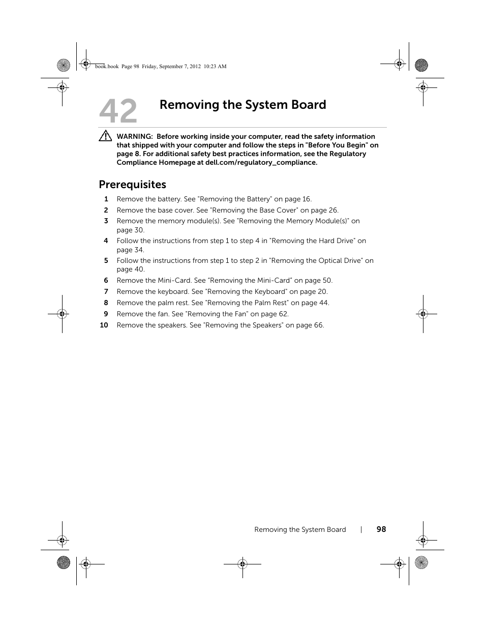 Removing the system board, Prerequisites | Dell Inspiron M421R (Late 2012) User Manual | Page 99 / 110