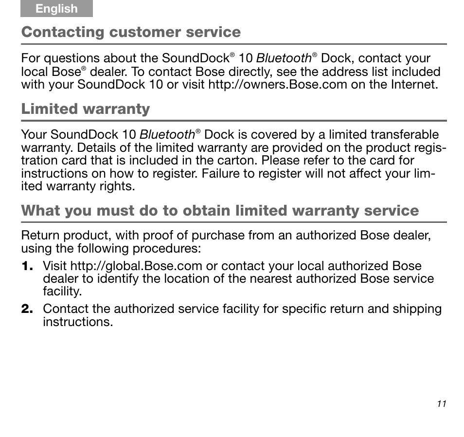 Contacting customer service, Limited warranty | Bose SoundDock AM316536 User Manual | Page 11 / 14
