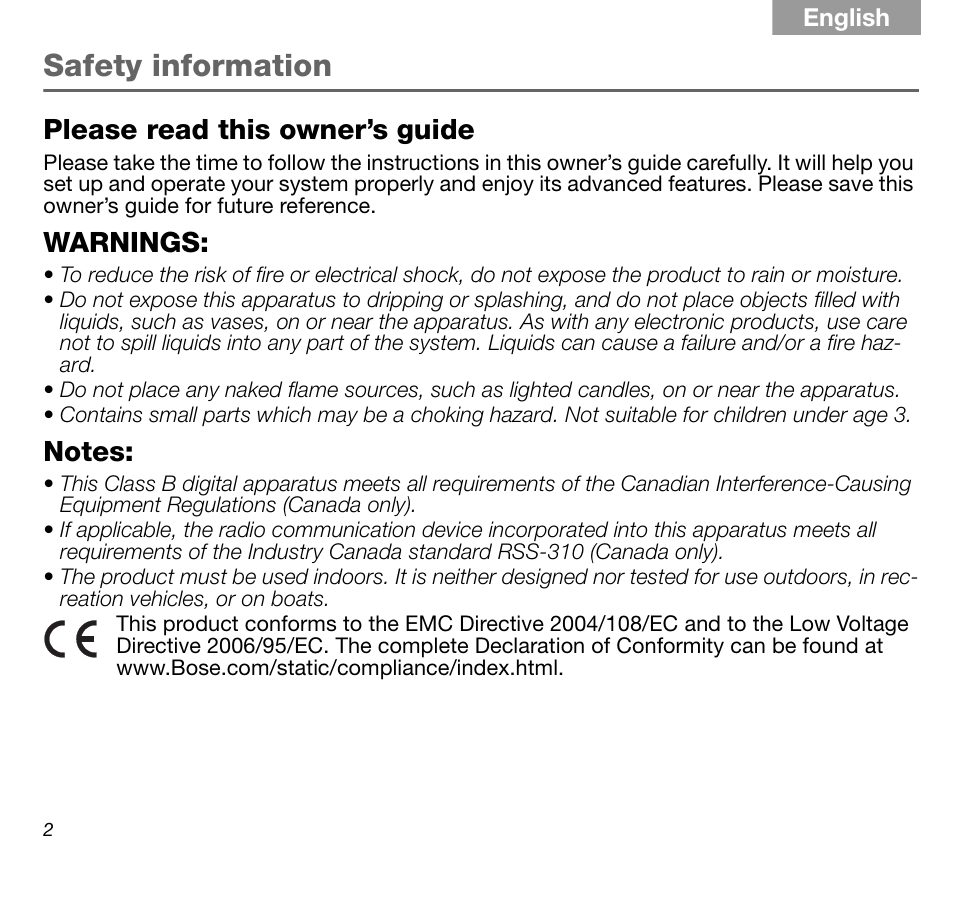 Safety information, Please read this owner’s guide, Warnings | Bose SoundDock AM316536 User Manual | Page 2 / 14