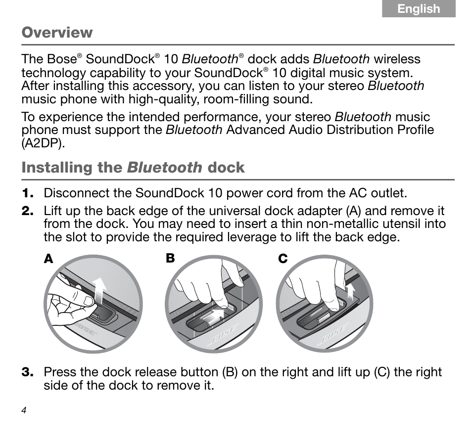 Overview, Installing the bluetooth dock | Bose SoundDock AM316536 User Manual | Page 4 / 14