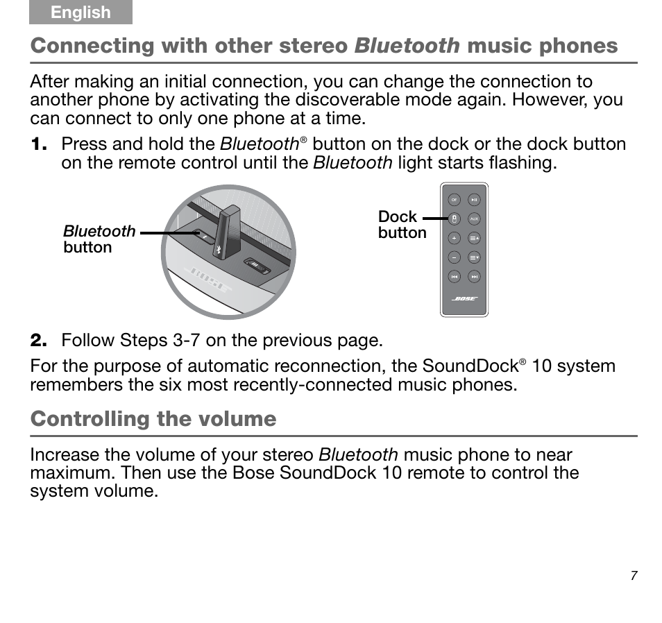 Controlling the volume | Bose SoundDock AM316536 User Manual | Page 7 / 14
