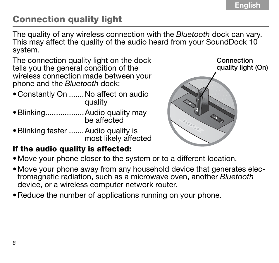 Connection quality light | Bose SoundDock AM316536 User Manual | Page 8 / 14