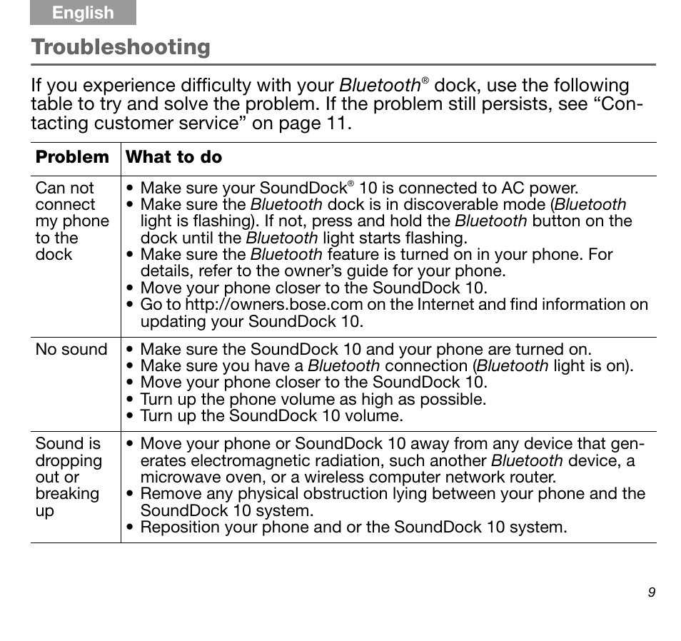 Troubleshooting | Bose SoundDock AM316536 User Manual | Page 9 / 14