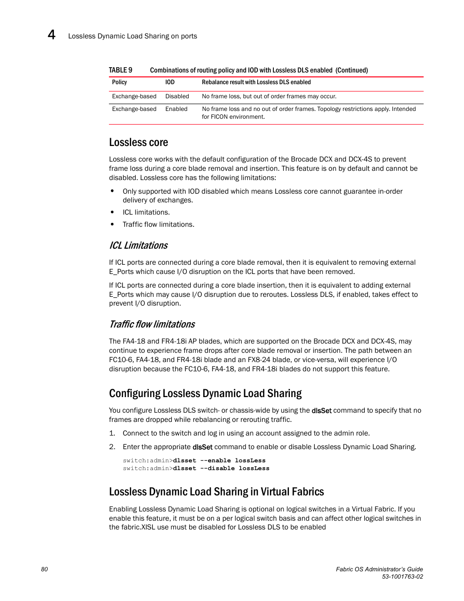 Lossless core, Configuring lossless dynamic load sharing, Lossless dynamic load sharing in virtual fabrics | Icl limitations, Traffic flow limitations | Dell POWEREDGE M1000E User Manual | Page 120 / 586