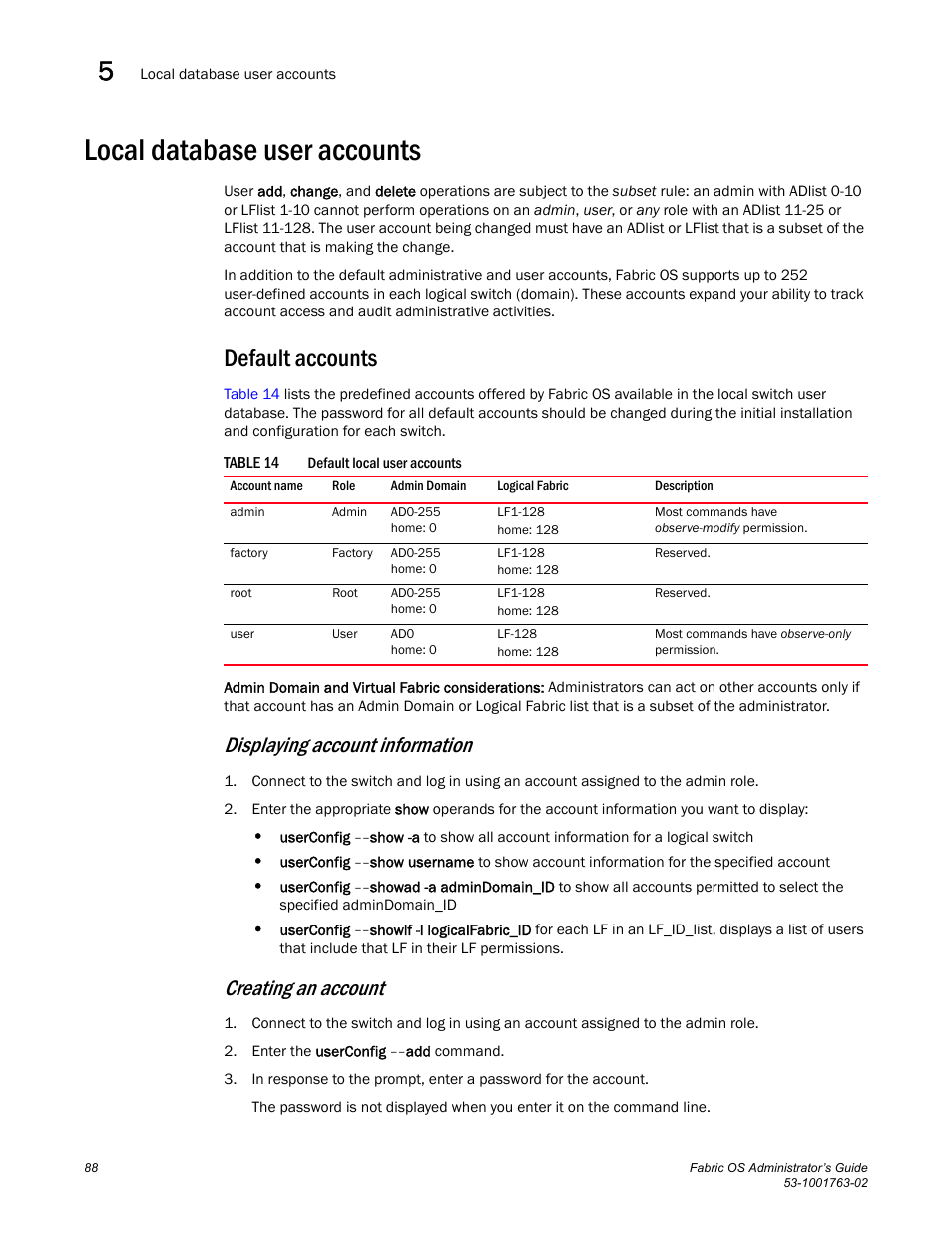 Local database user accounts, Default accounts, Table 14 | Displaying account information, Creating an account | Dell POWEREDGE M1000E User Manual | Page 128 / 586