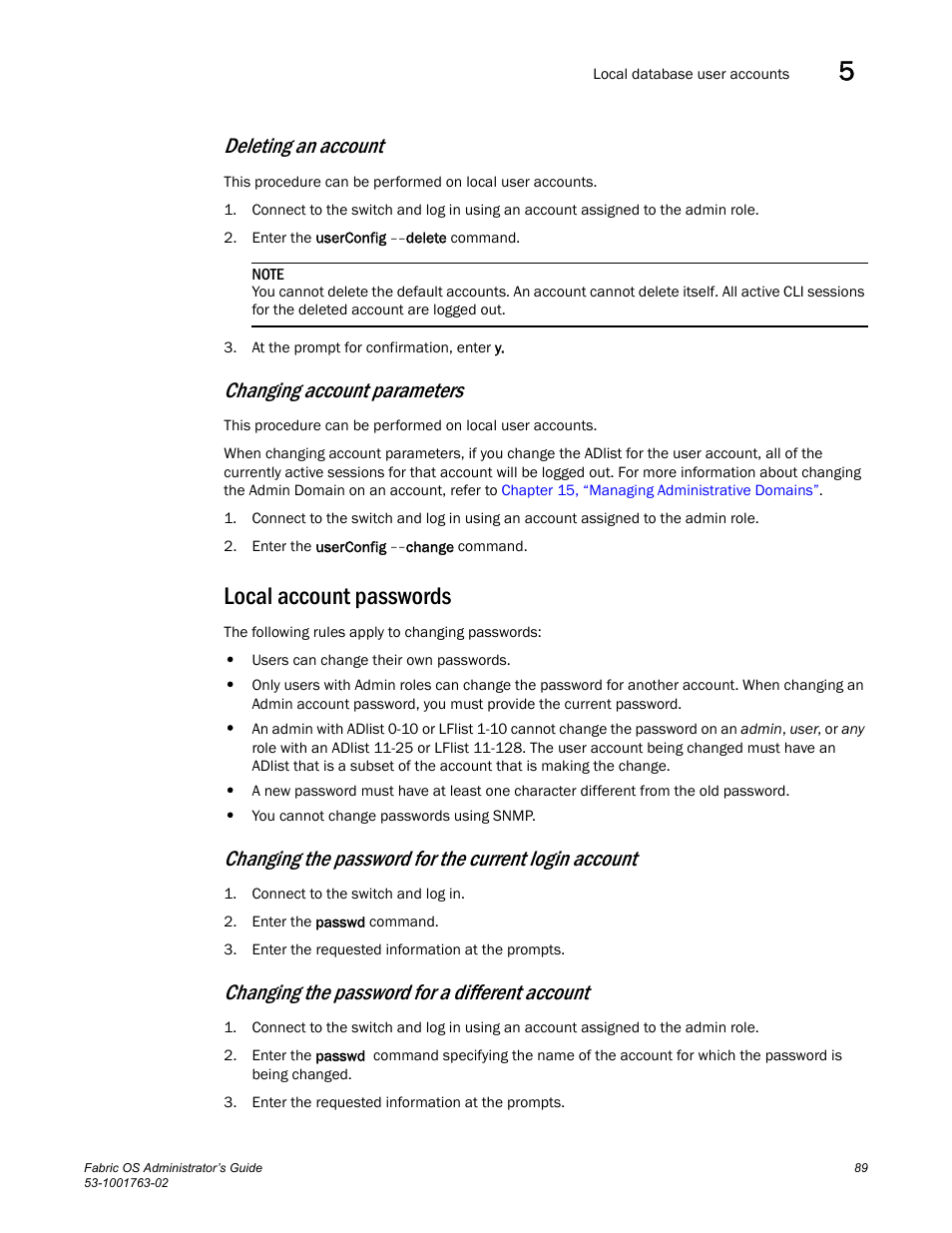 Local account passwords, Deleting an account, Changing account parameters | Changing the password for a different account | Dell POWEREDGE M1000E User Manual | Page 129 / 586