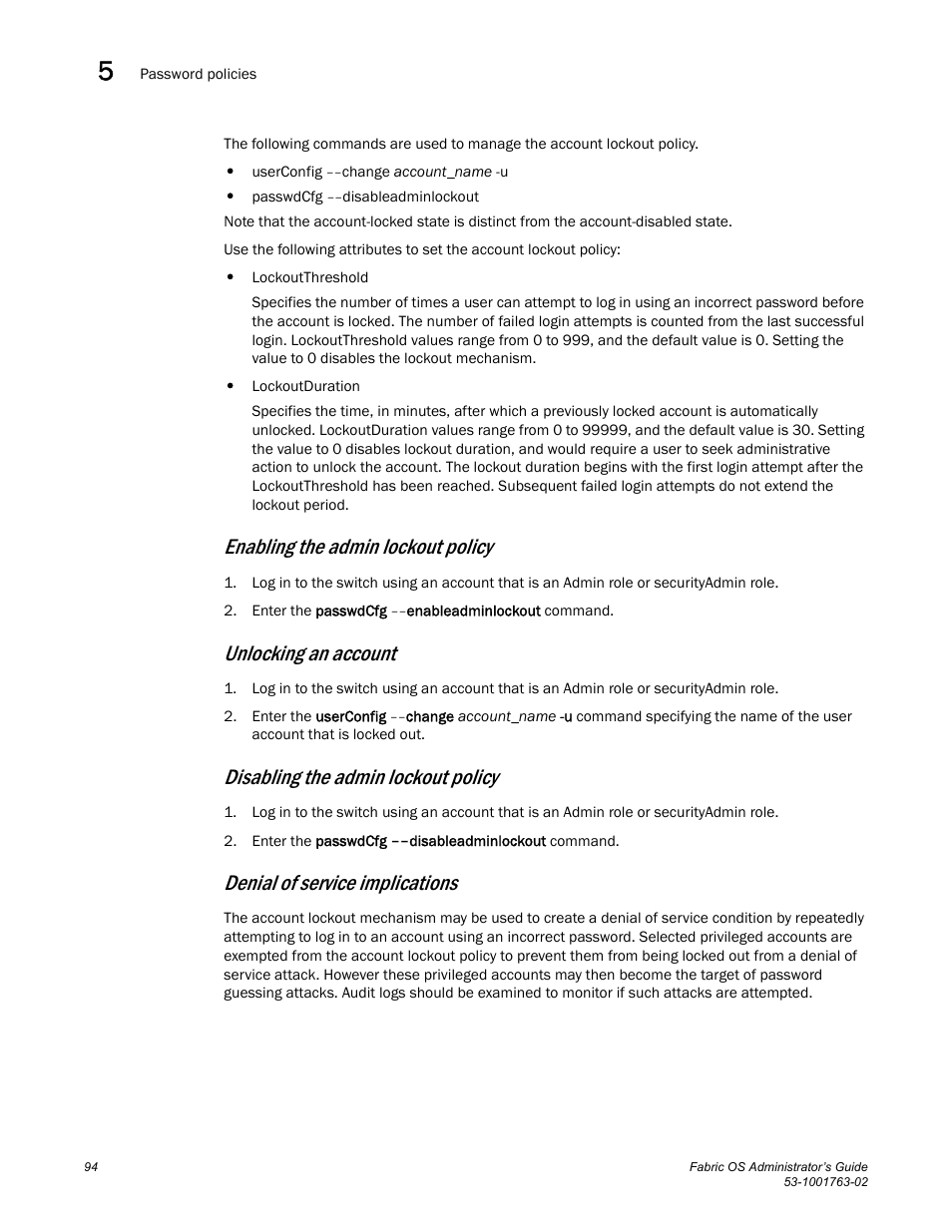 Enabling the admin lockout policy, Unlocking an account, Disabling the admin lockout policy | Denial of service implications | Dell POWEREDGE M1000E User Manual | Page 134 / 586